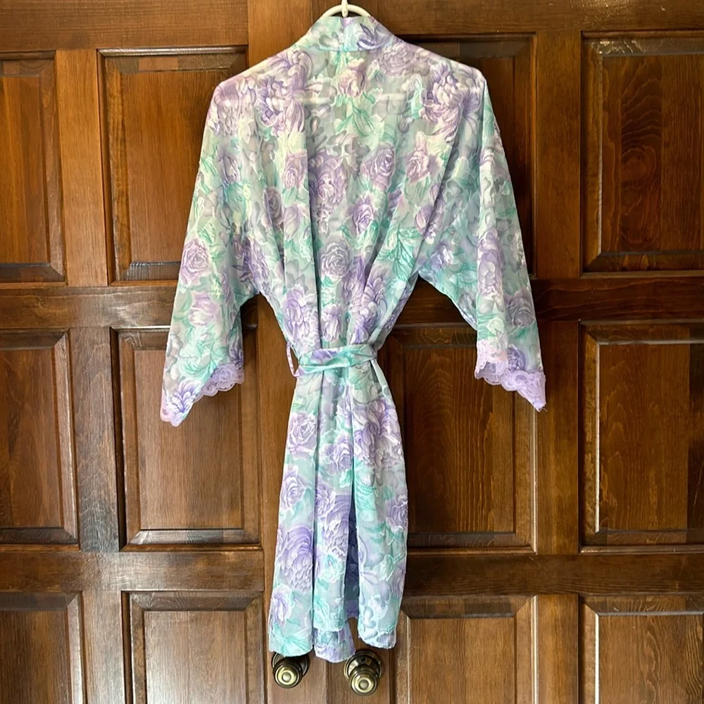 Vtg LA Intimates Robe Large Purple Green Floral Sheer Kimono Cottagecore 80s 90s